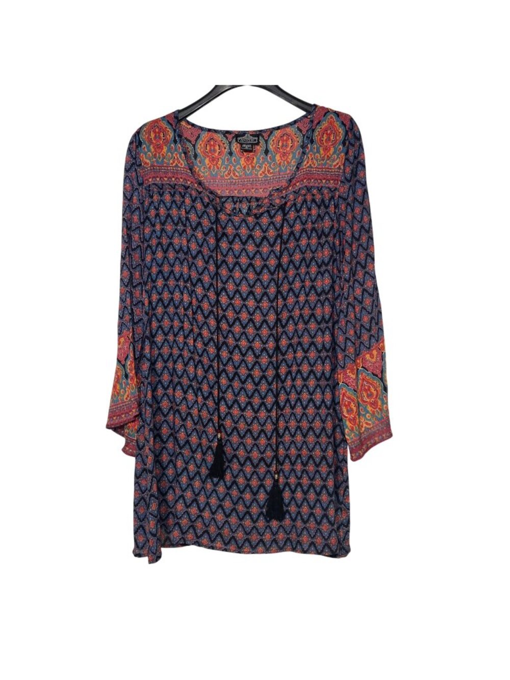 Angie Boho Tunic Mini Dress Sz SM Wide Sleeve‎ Tassel India Gypsy Hippie